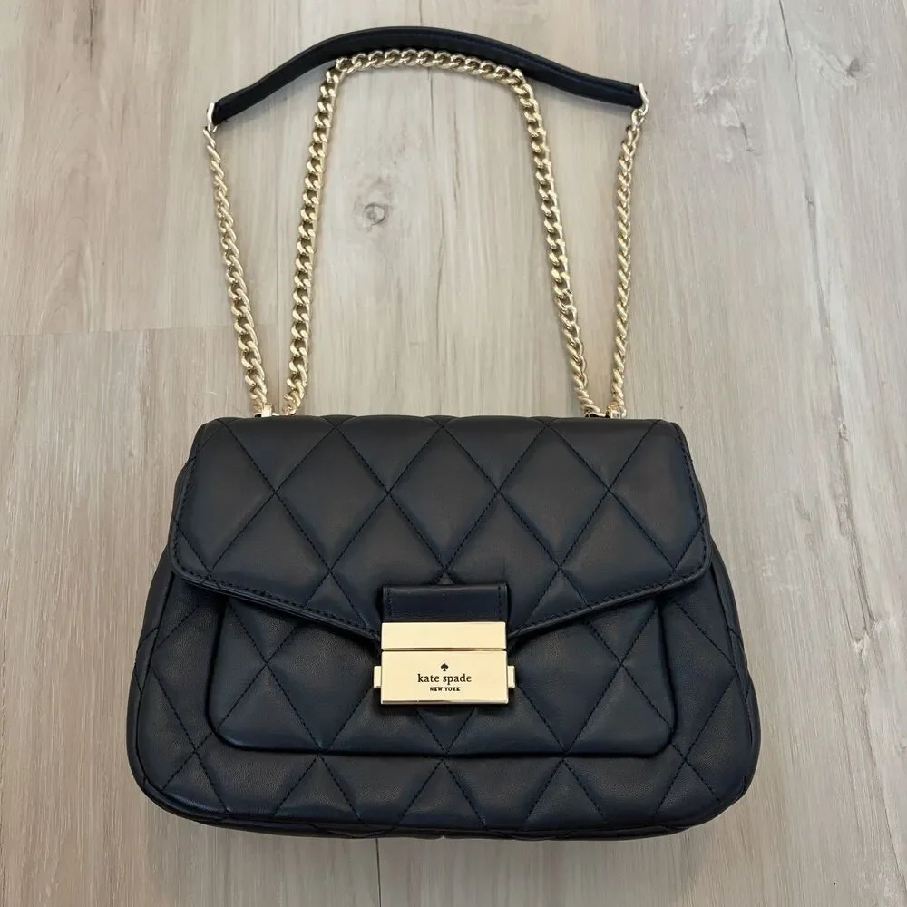 Kate Spade New York Black Carey Smooth Quilted Flap Bag Gold Chain Push Lock NWT